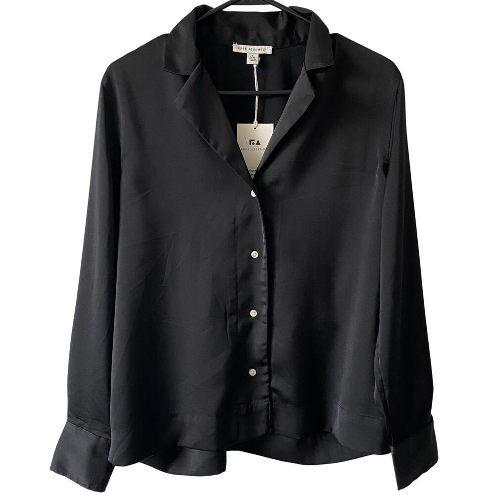 NEW FREE ASSEMBLY Button Down Satin Blouse Black Size Small Business Chic
